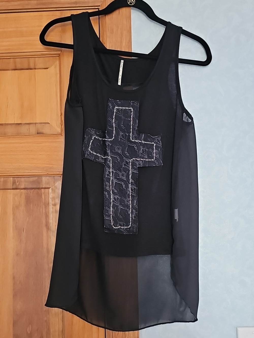 Black Sleeveless Tank with Embellished Cross and Sheer Back